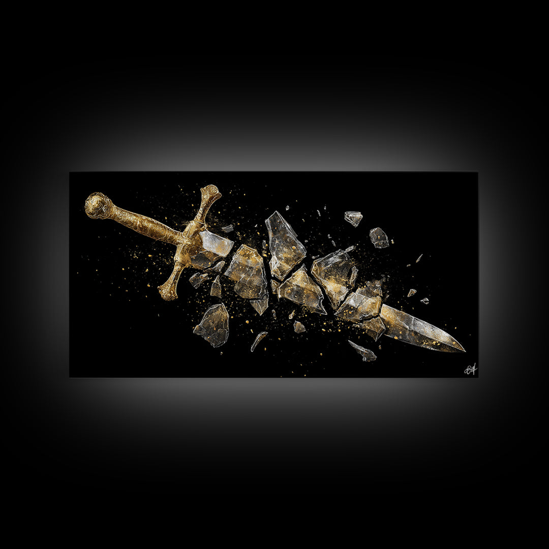 Gold Canvas Print of Broken Sword in Fragments, Detailed Golden Hilt and Blade Shards, Wood Framed Map Wall Décor Accent