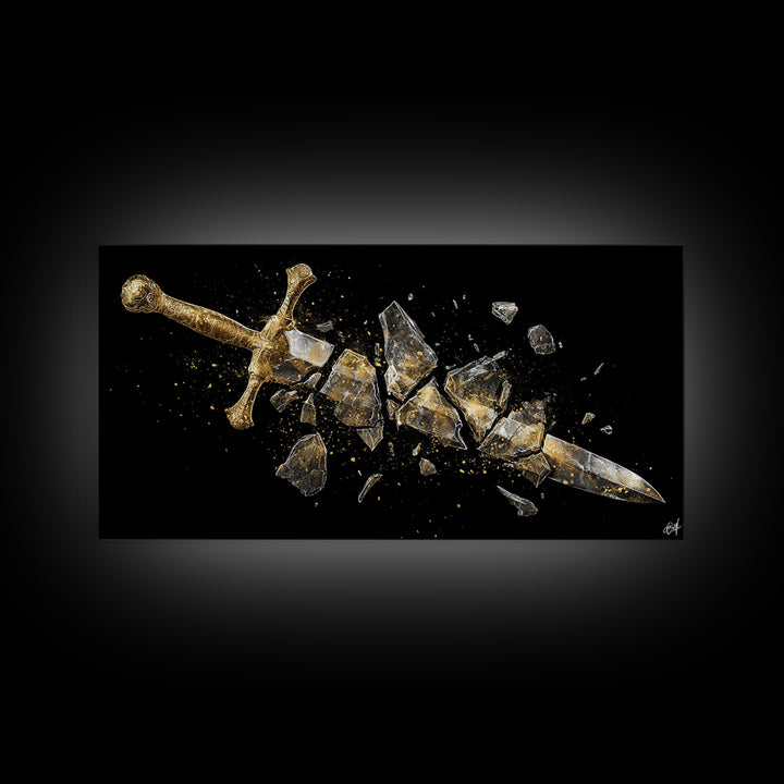Gold Canvas Print of Broken Sword in Fragments, Detailed Golden Hilt and Blade Shards, Wood Framed Map Wall Décor Accent