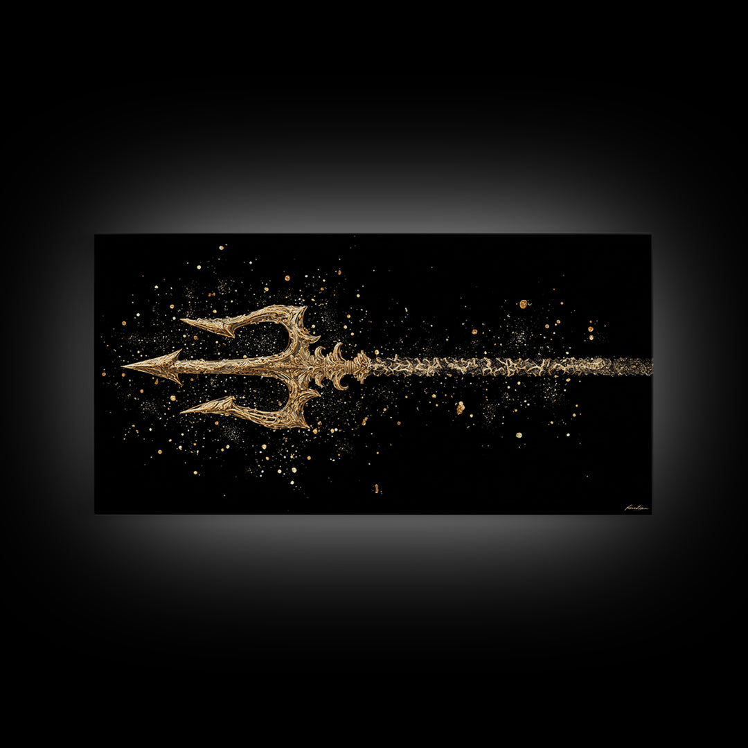 Gold Canvas Art of Decorative Trident in Motion, Splatter Effect on Black Background, Wood Framed Map Wall Art for Nautical Themes
