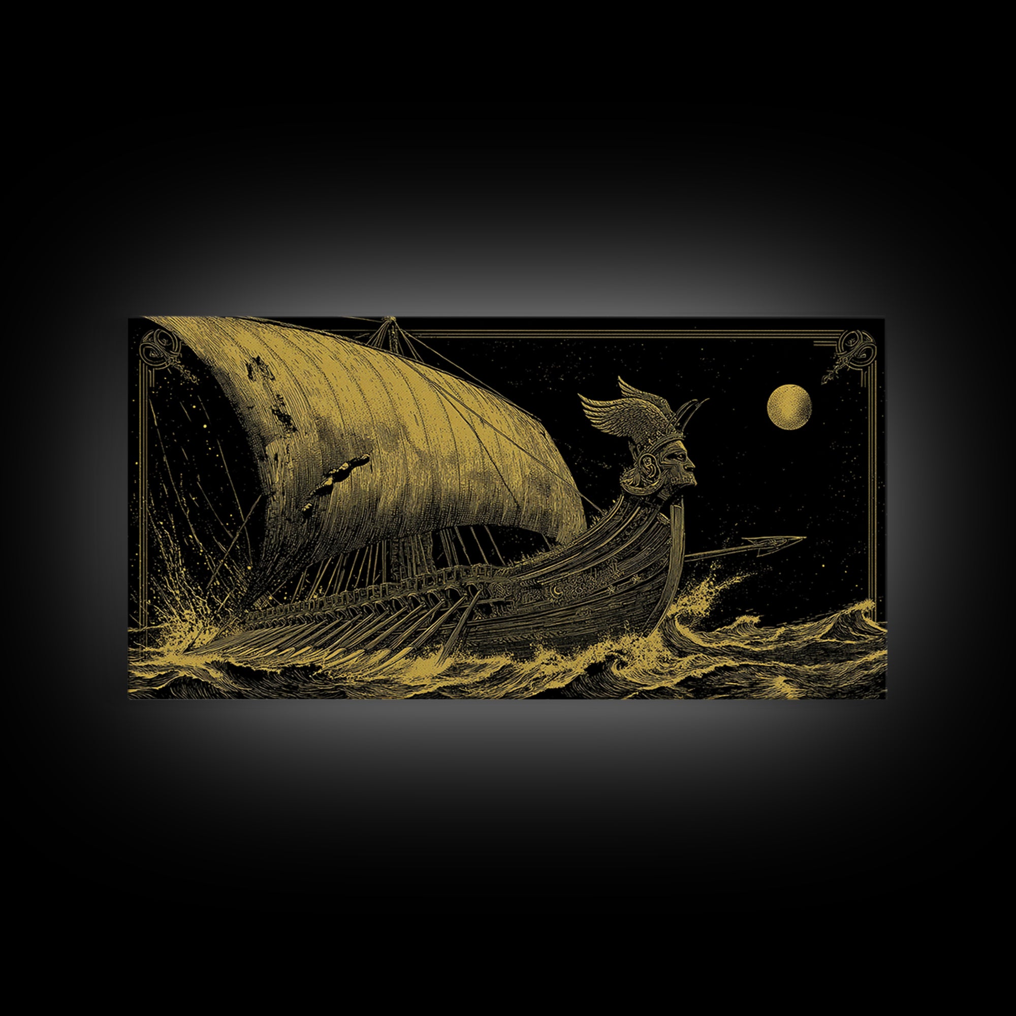 Gold Canvas Print of Ancient Greek Warship at Sea, Detailed Engraving Style and Waves, Wood Framed Map Wall Art for History
