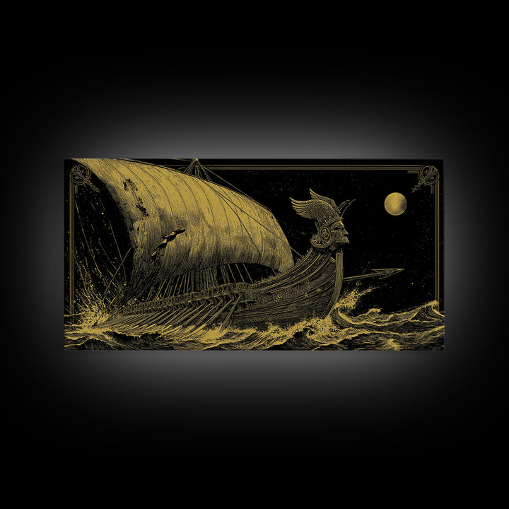 Gold Canvas Print of Ancient Greek Warship at Sea, Detailed Engraving Style and Waves, Wood Framed Map Wall Art for History