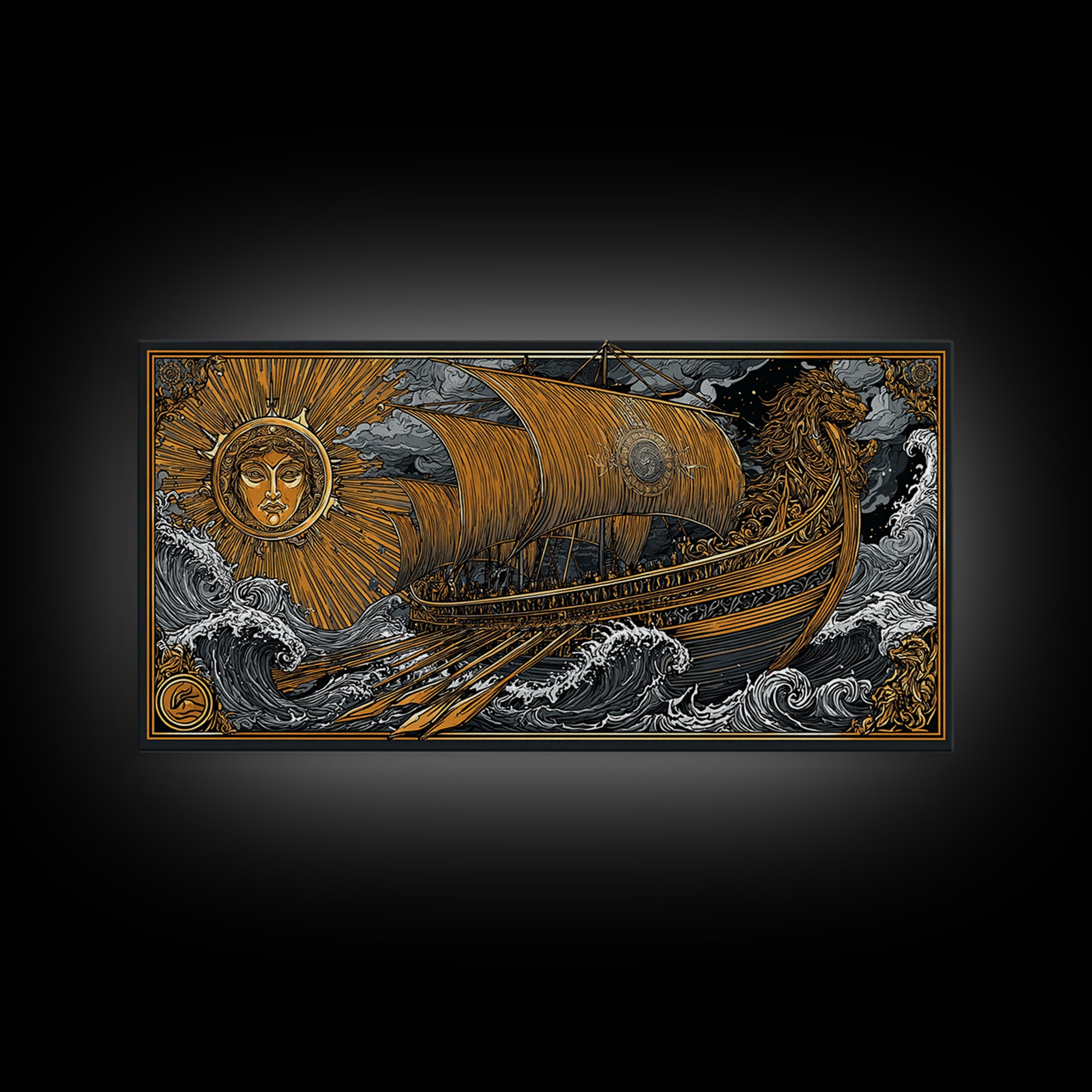 Gold Canvas Art of Sun and Ship Scene, Lion Figurehead and Ocean Waves, Detailed Decorative Style, Wood Framed Map Wall Décor