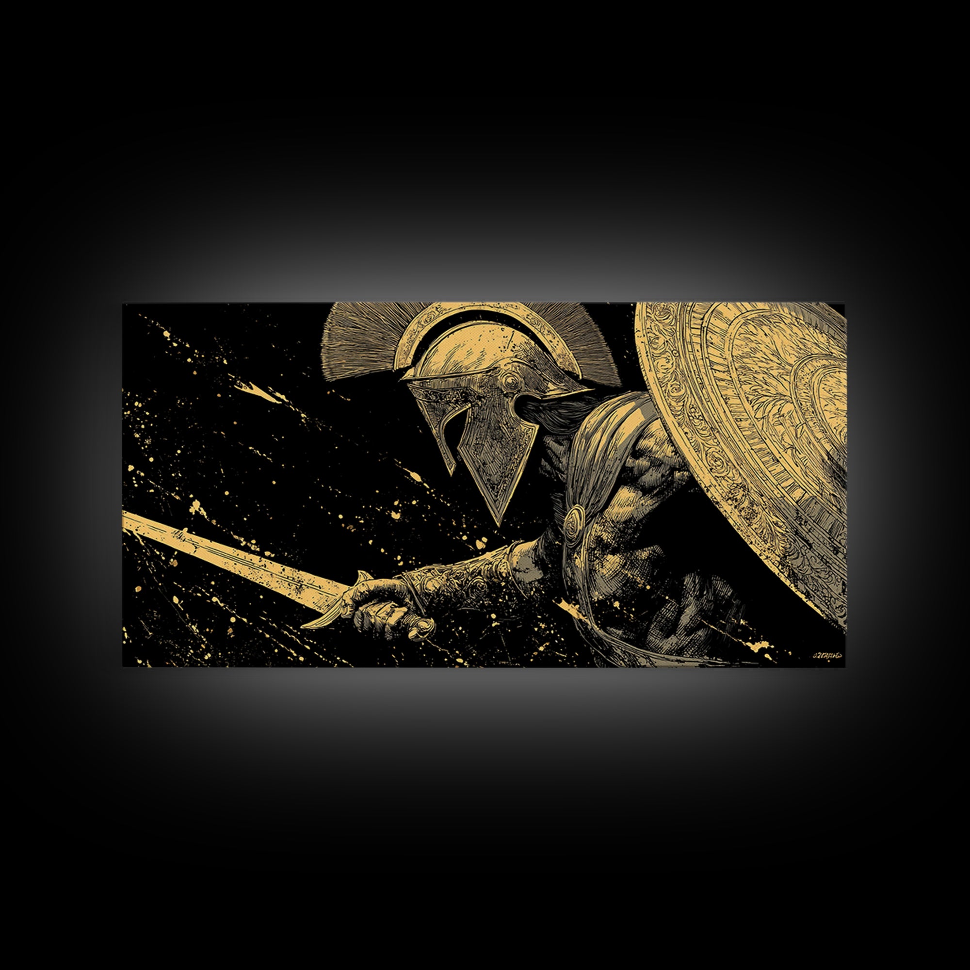 Gold Canvas Print of Spartan Warrior in Battle Pose, Detailed Shield and Sword, Splatter Background, Wood Framed Map Wall Art