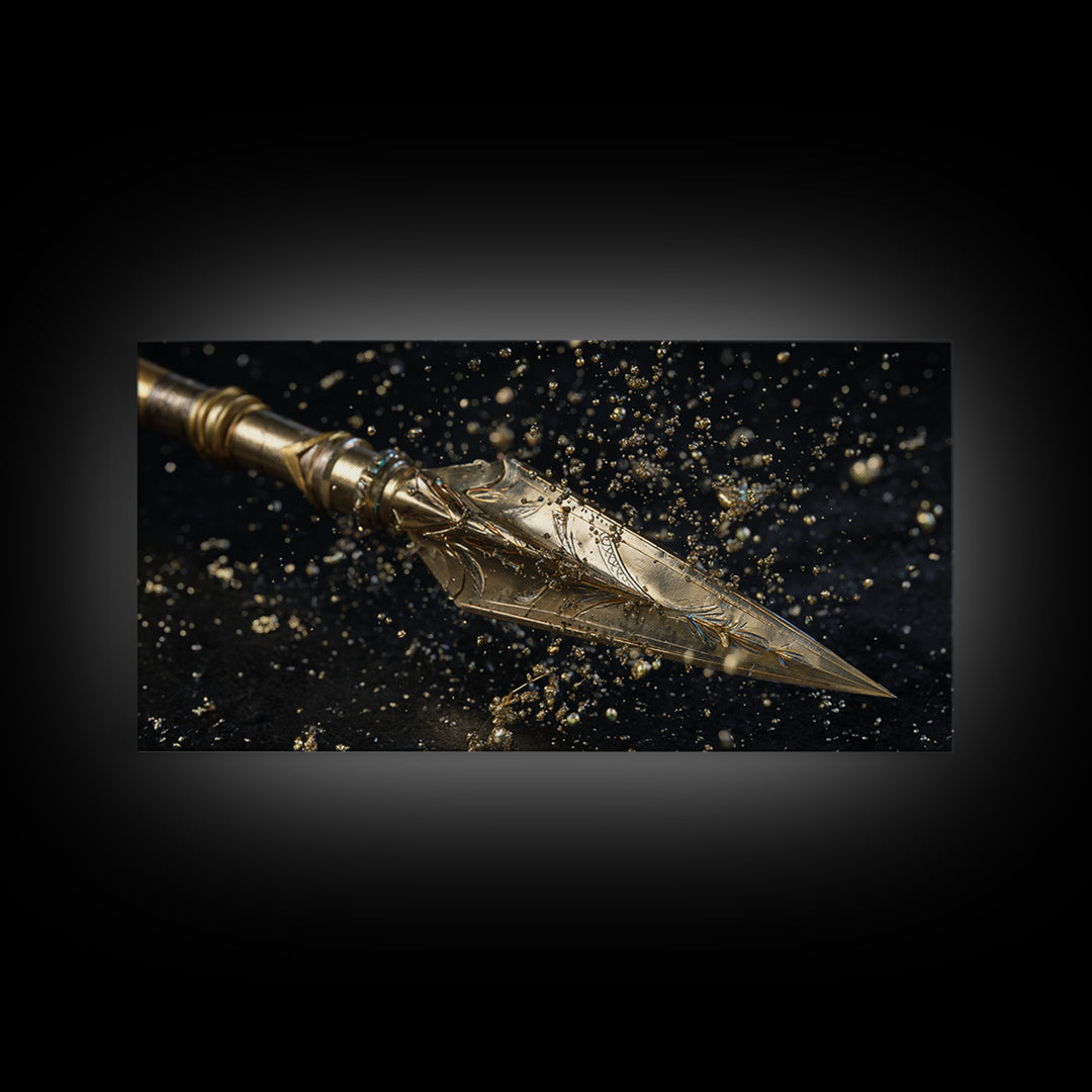 Ornate Golden Spearhead, Gold Canvas Art, Real Wood Frame, Close-Up Weapon Detail, Mythology Inspired Wall Decor