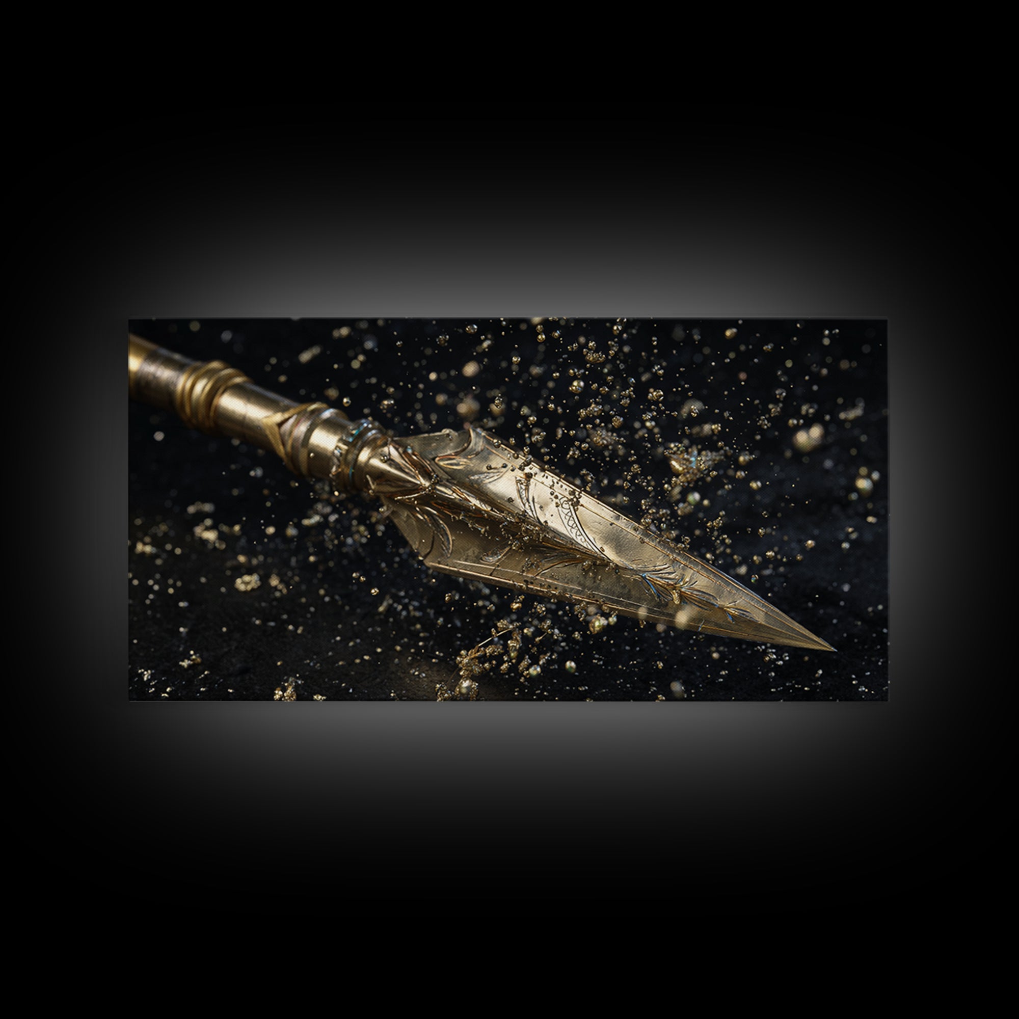 Ornate Golden Spearhead, Gold Canvas Art, Real Wood Frame, Close-Up Weapon Detail, Mythology Inspired Wall Decor