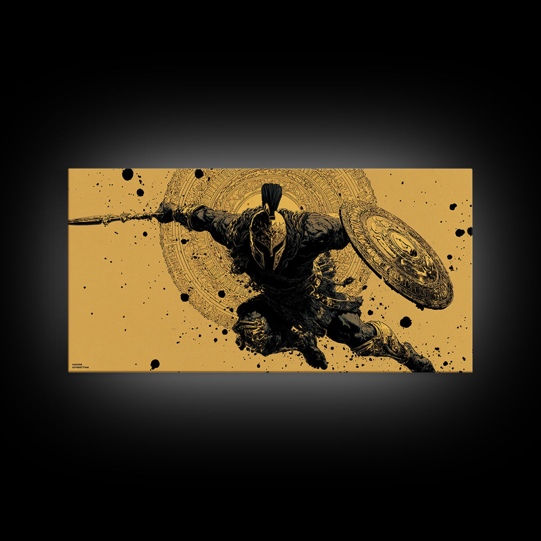 Gold Canvas Art of Spartan Soldier Leaping Forward with Spear and Shield, Decorative Armor and Mandala, Wood Framed Map Wall Décor