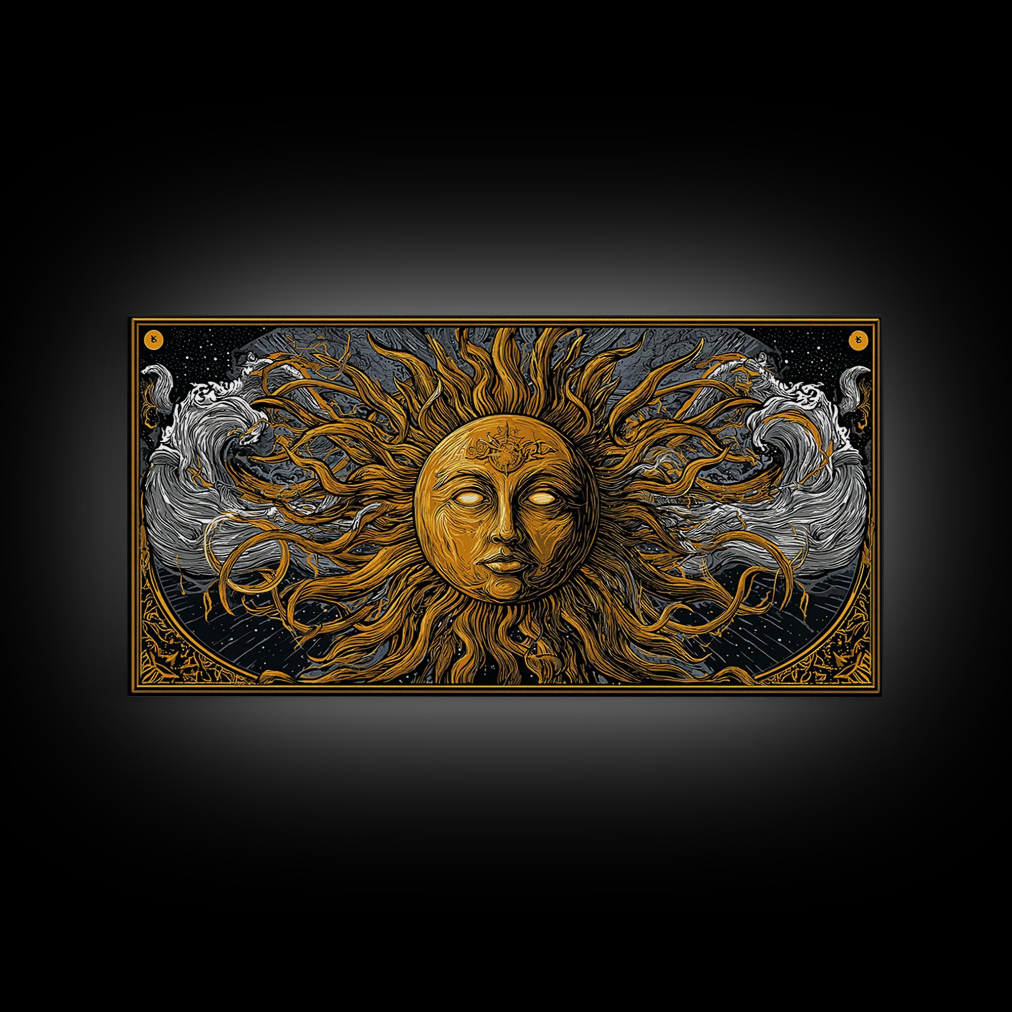 Gold Canvas Print of Sun Face with Flowing Hair and Ocean Waves, Detailed Mythological Design, Wood Framed Map Wall Décor