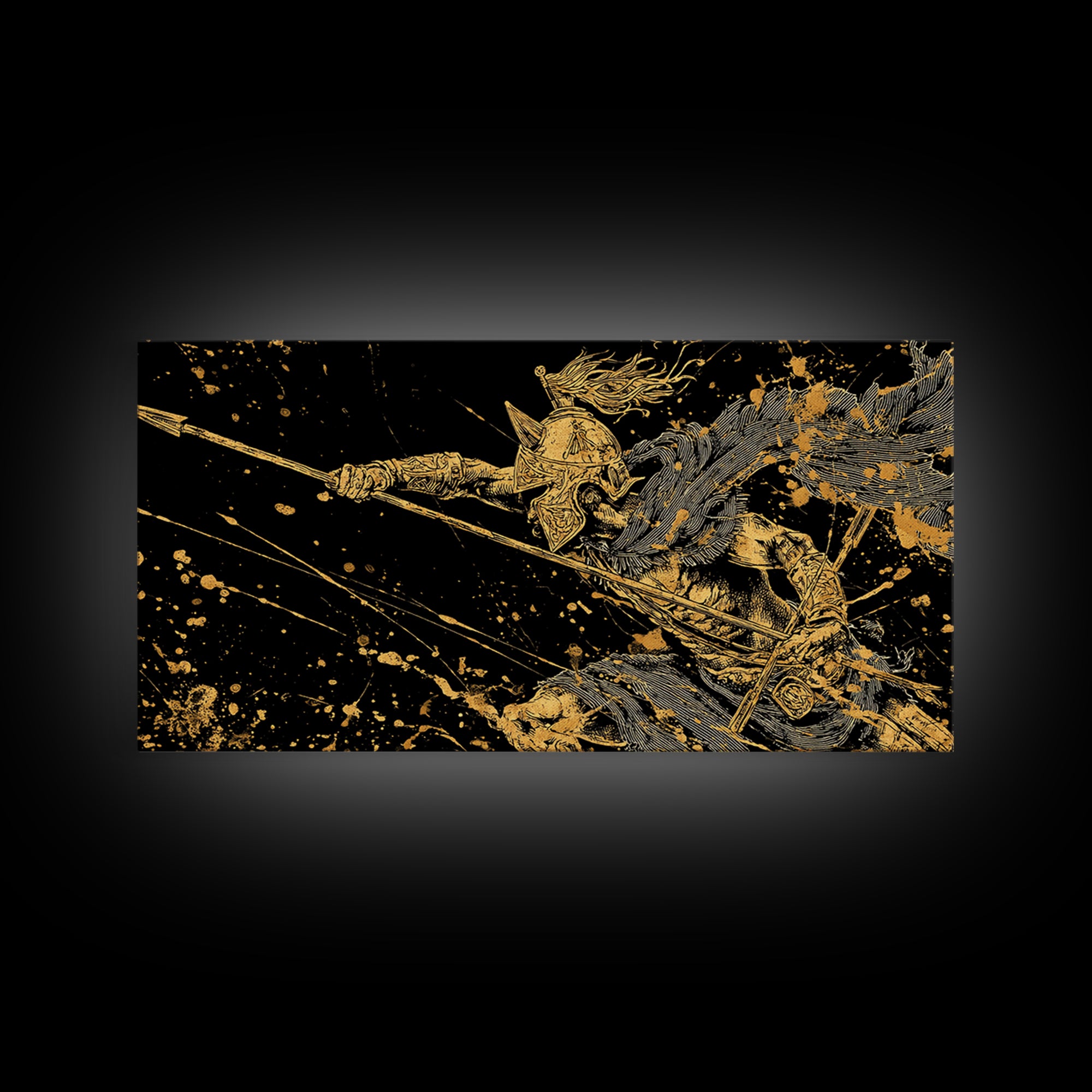 Gold Canvas Art of Warrior with Flowing Cape and Spear, Ornate Armor and Dynamic Battle Pose, Wood Framed Map Wall Art for History