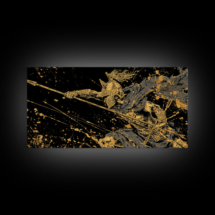 Gold Canvas Art of Warrior with Flowing Cape and Spear, Ornate Armor and Dynamic Battle Pose, Wood Framed Map Wall Art for History