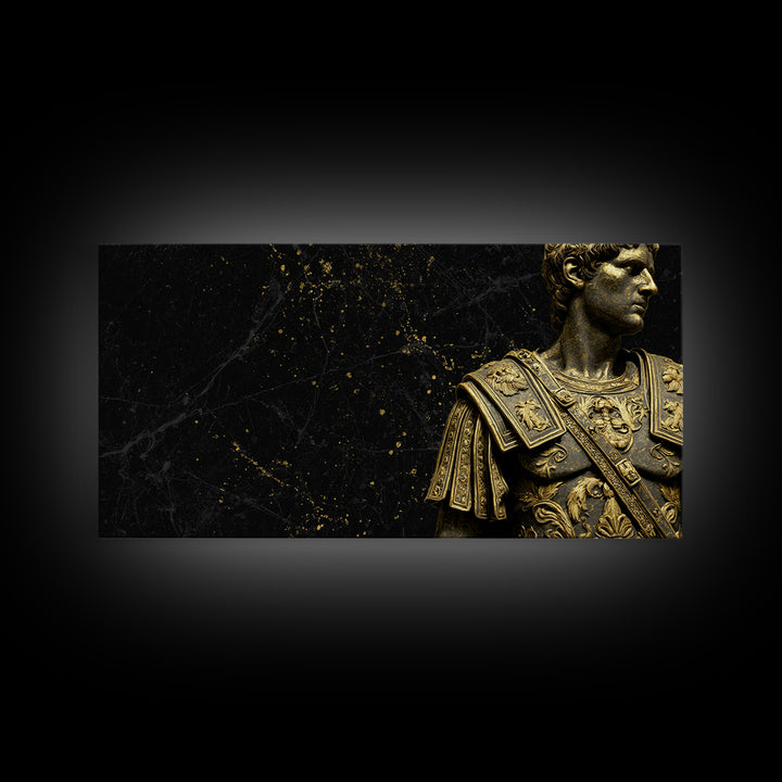 Ancient Roman Emperor Statue Gold Canvas Print, Luxurious Black Marble Background, Classical Warrior Art, Regal Home Decor