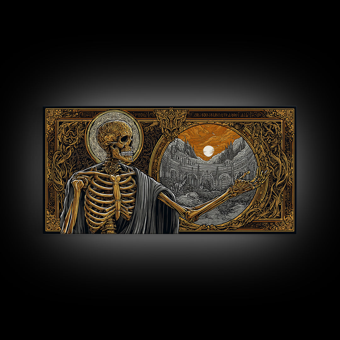 Skeleton Pointing to Ancient Arena Gold Canvas Art, Gothic Medieval Scene, Ornate Frame Design, Dark Fantasy Wall Decor