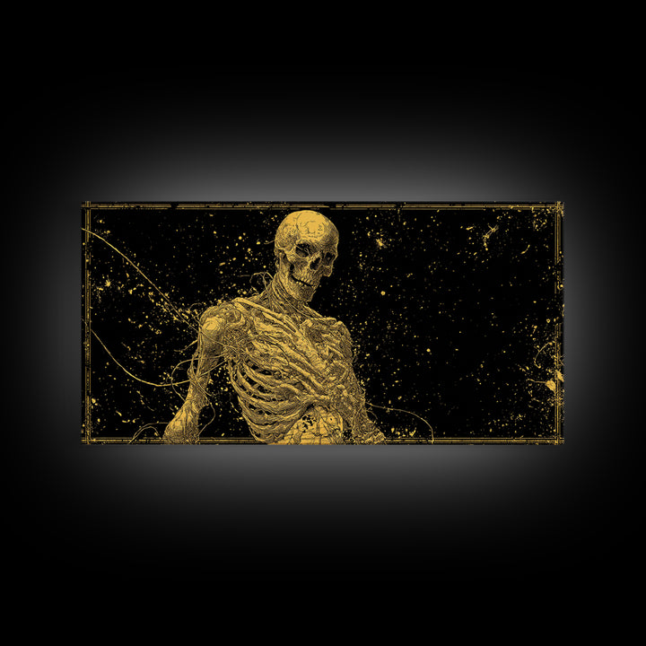 Golden Anatomical Skeleton on Black Starfield Gold Canvas Print, Macabre Anatomy Illustration, Gothic Horror Home Art