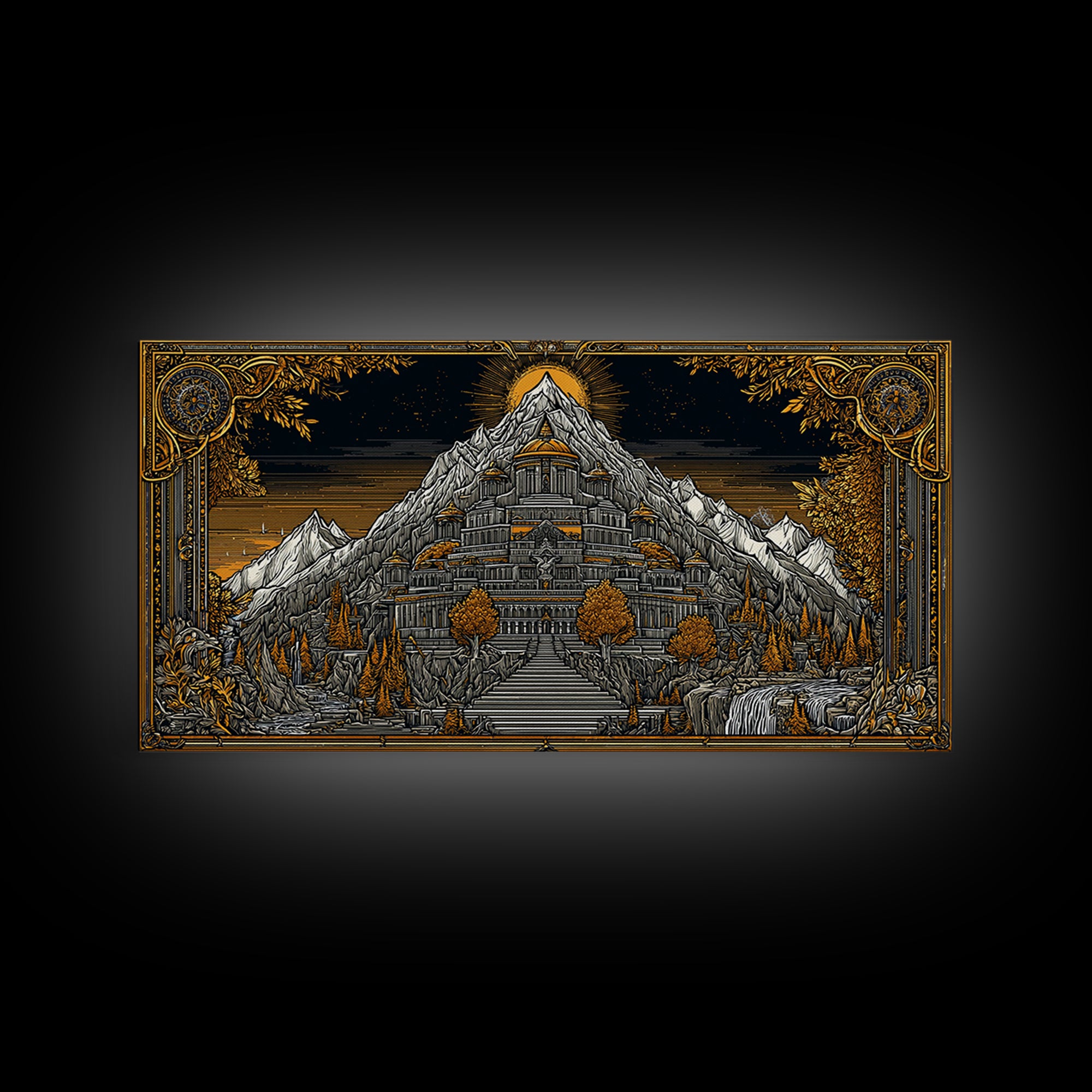 Mythical Mountain Fortress Gold Canvas Art, Grand Palace in Majestic Peaks, Fantasy Landscape Illustration, Epic Home Wall Decor