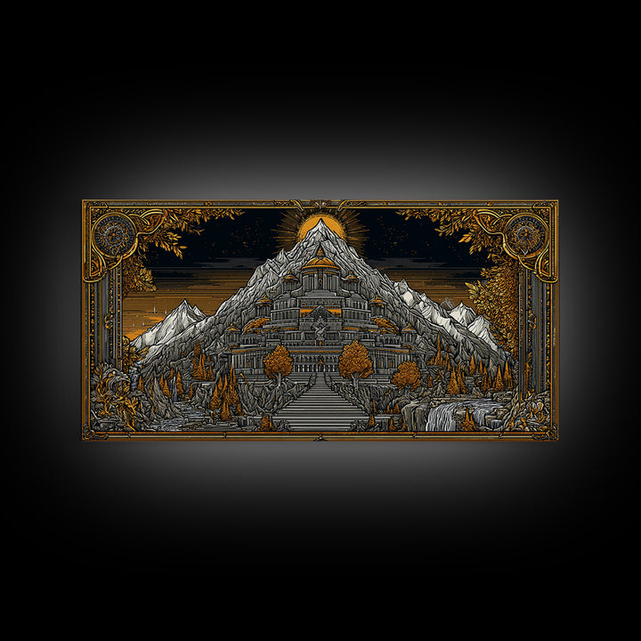 Mythical Mountain Fortress Gold Canvas Art, Grand Palace in Majestic Peaks, Fantasy Landscape Illustration, Epic Home Wall Decor