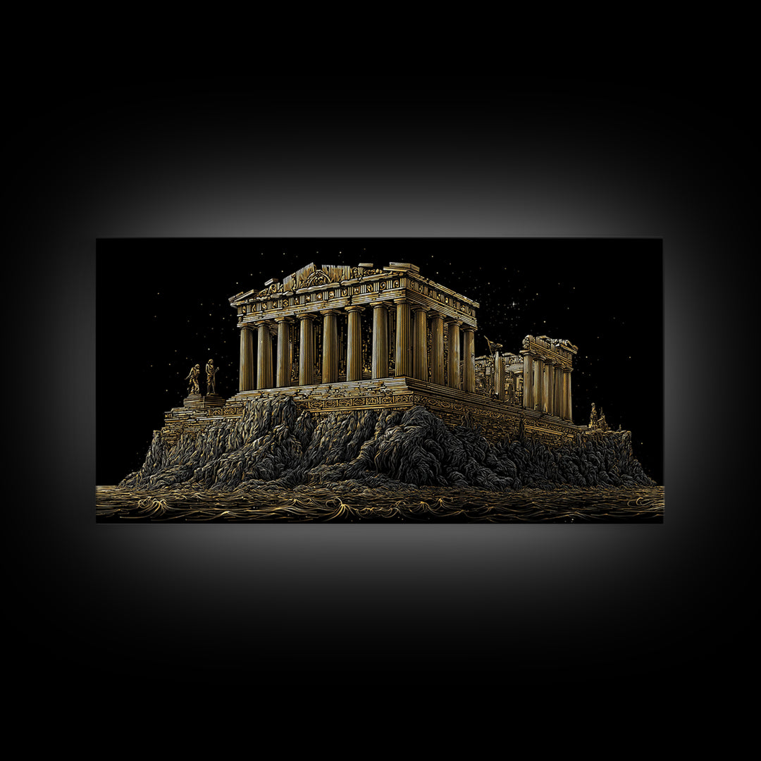 Ancient Greek Temple on Rocky Shore Gold Canvas Print, Classical Architecture Illustration, Historic Landmark Wall Art