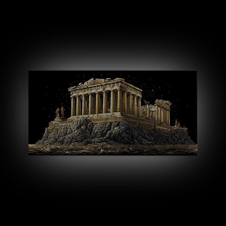 Ancient Greek Temple on Rocky Shore Gold Canvas Print, Classical Architecture Illustration, Historic Landmark Wall Art