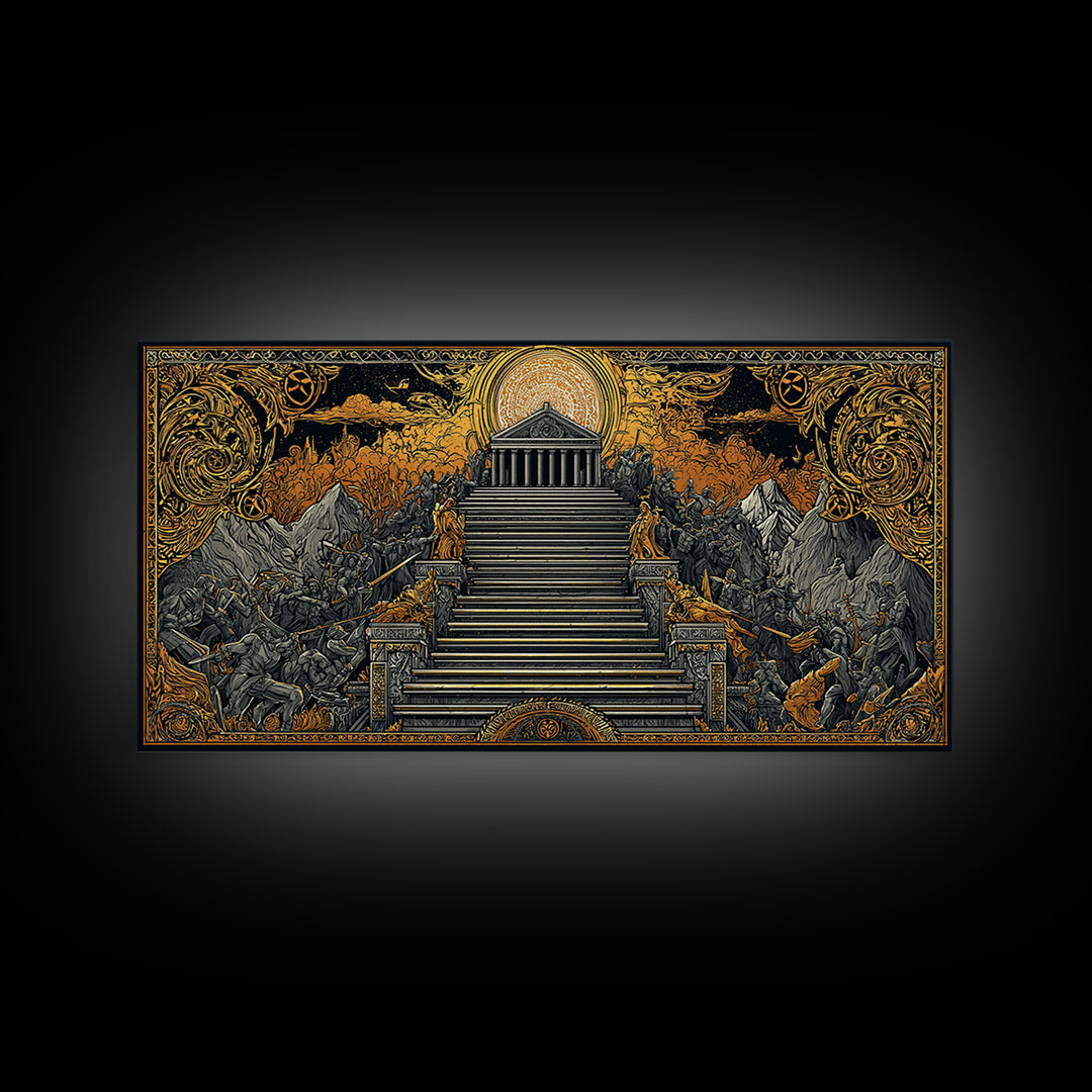 Mythic Battle at Temple Stairs Gold Canvas Art, Epic Fantasy Scene, Heroic Warriors and Gods, Dramatic Home Wall Decor