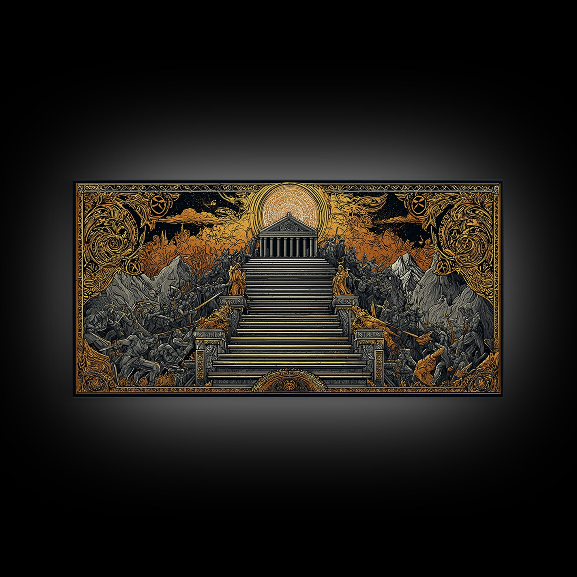Mythic Battle at Temple Stairs Gold Canvas Art, Epic Fantasy Scene, Heroic Warriors and Gods, Dramatic Home Wall Decor