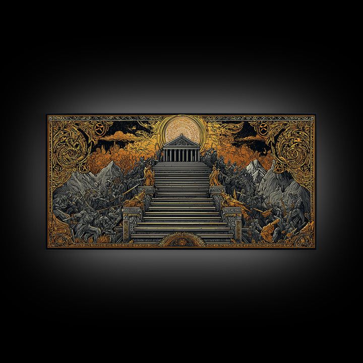 Mythic Battle at Temple Stairs Gold Canvas Art, Epic Fantasy Scene, Heroic Warriors and Gods, Dramatic Home Wall Decor