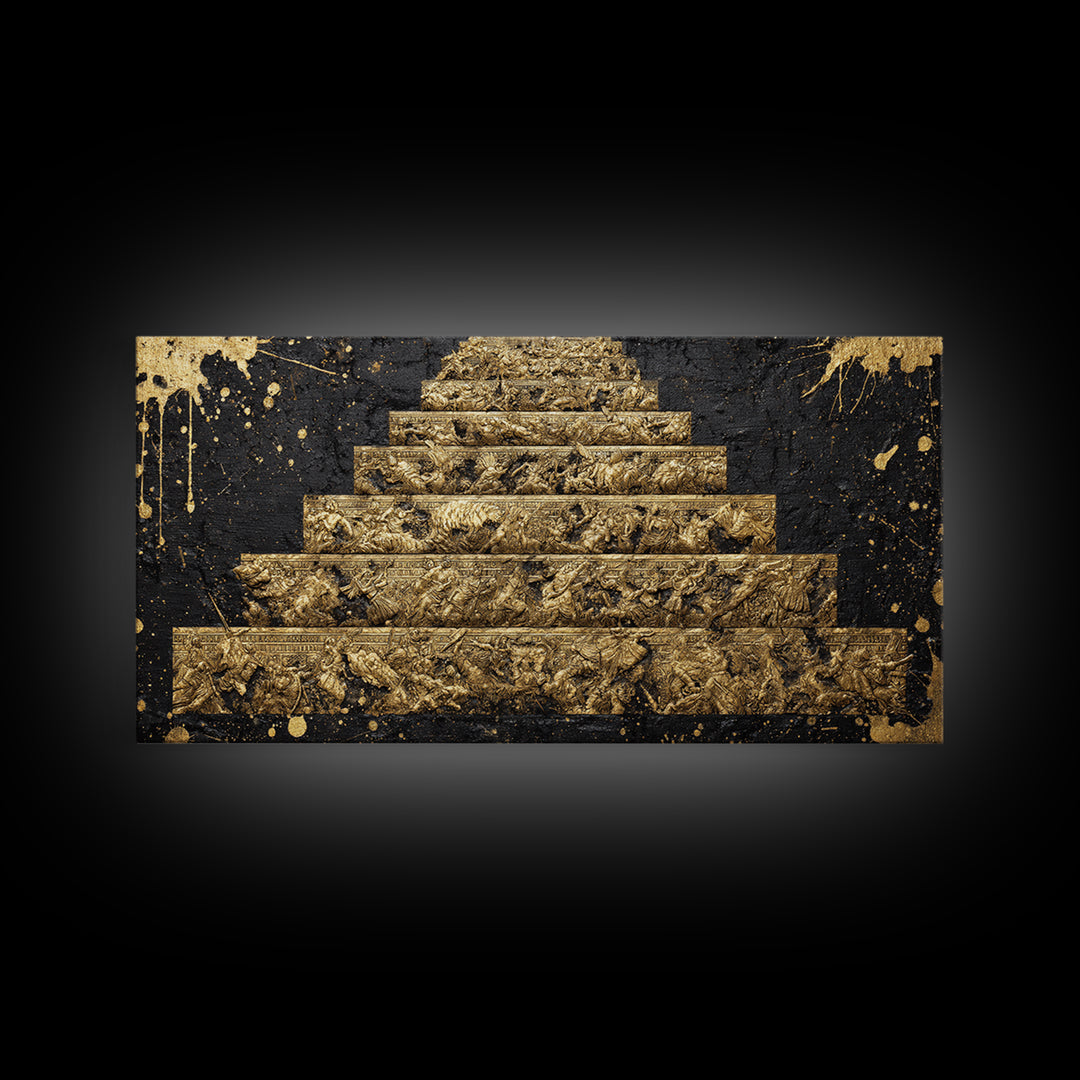 Ancient War Scene on Pyramid Steps Gold Canvas Print, Historic Battle Relief Sculpture, Regal Classical Home Art