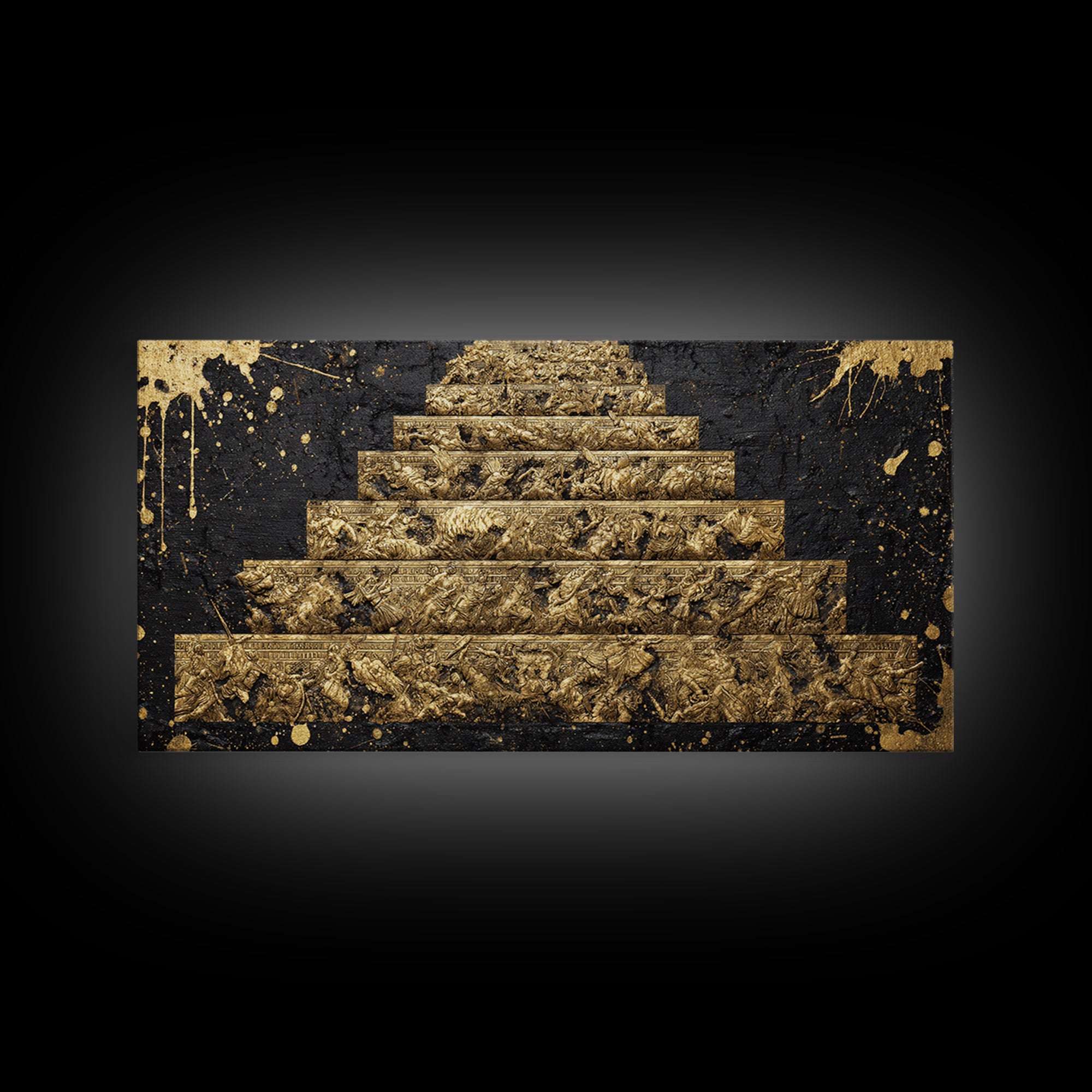 Ancient War Scene on Pyramid Steps Gold Canvas Print, Historic Battle Relief Sculpture, Regal Classical Home Art
