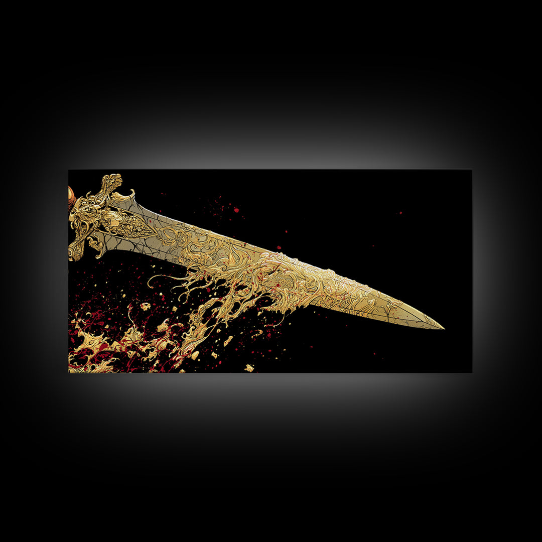 Golden Ornate Sword, Gold Canvas Print, Real Wood Frame, Dramatic Fantasy Weapon Art, Mythology Wall Decor