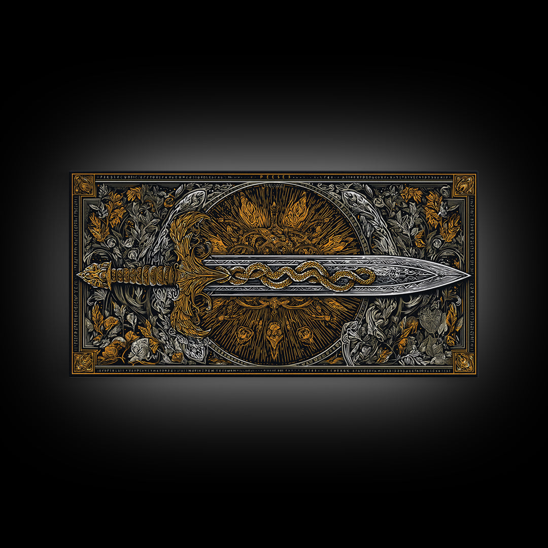 Intricate Sword with Serpent Design Gold Canvas Art, Fantasy Weapon Illustration, Ornate Blade Wall Decor for Collectors