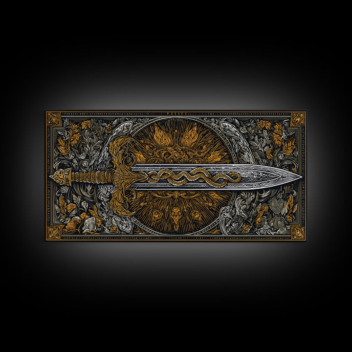 Intricate Sword with Serpent Design Gold Canvas Art, Fantasy Weapon Illustration, Ornate Blade Wall Decor for Collectors