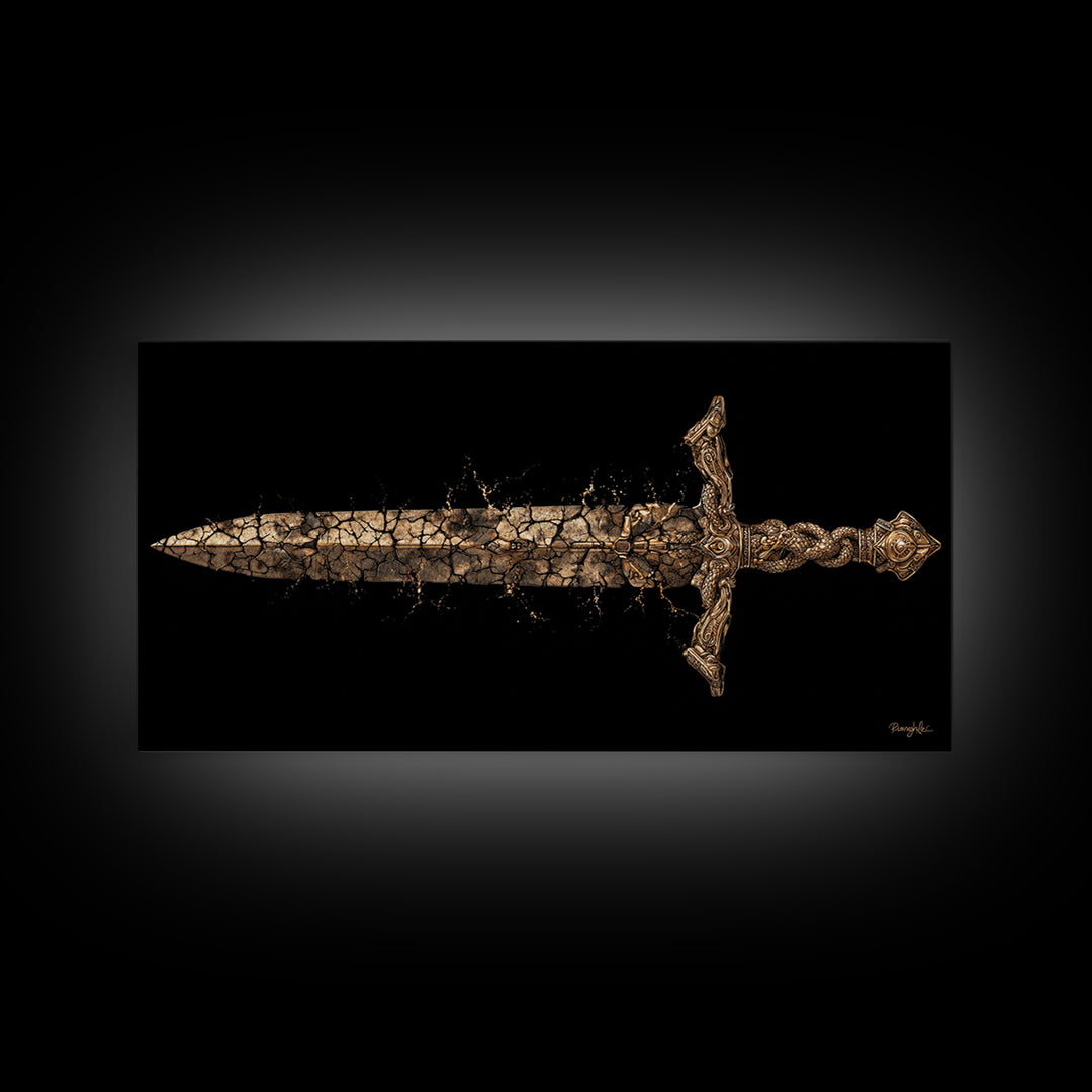 Cracked Ancient Sword Gold Canvas Print, Legendary Fantasy Weapon, Weathered Epic Blade, Gothic Home Wall Art