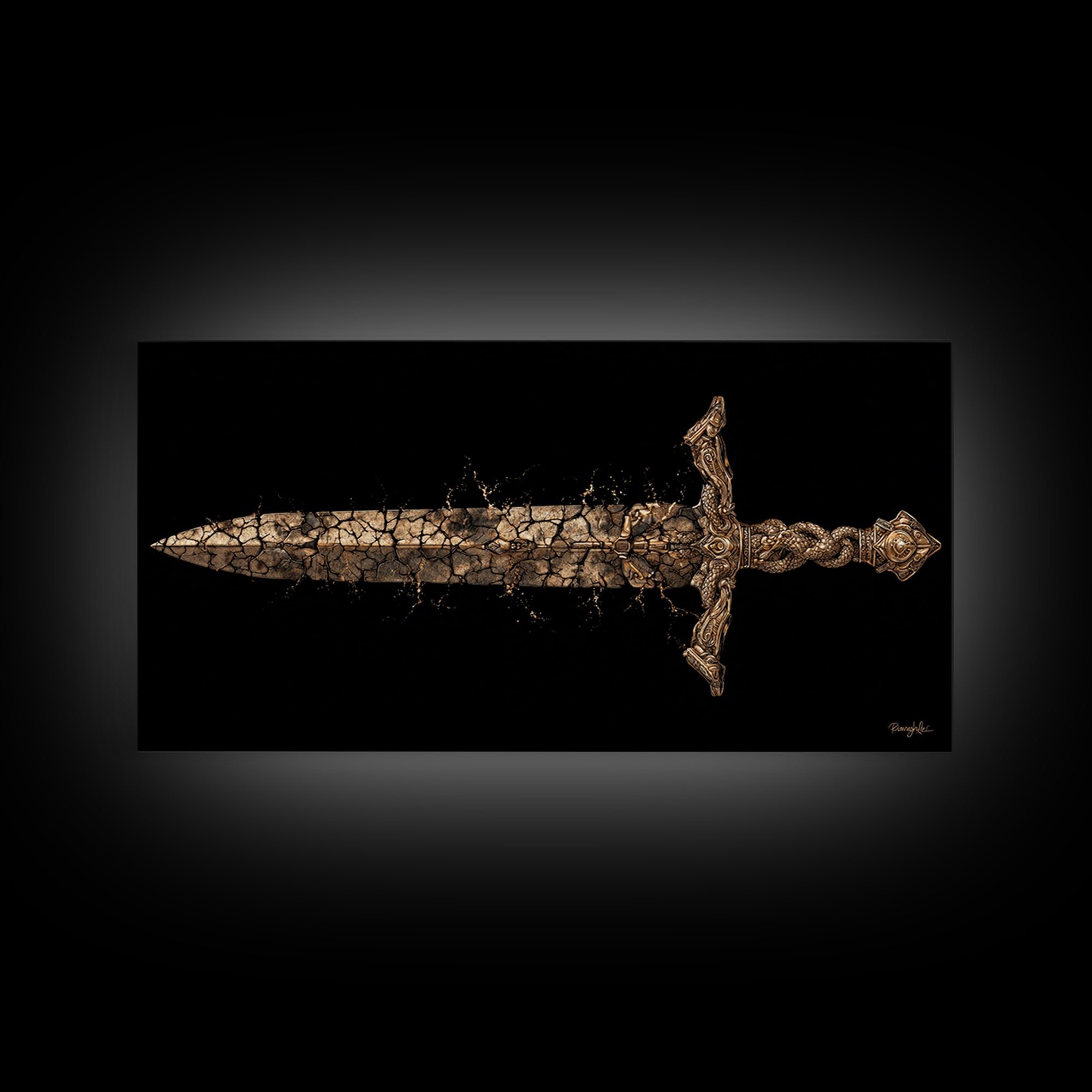 Cracked Ancient Sword Gold Canvas Print, Legendary Fantasy Weapon, Weathered Epic Blade, Gothic Home Wall Art