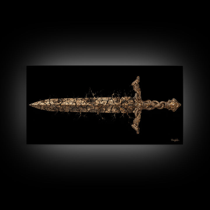 Cracked Ancient Sword Gold Canvas Print, Legendary Fantasy Weapon, Weathered Epic Blade, Gothic Home Wall Art