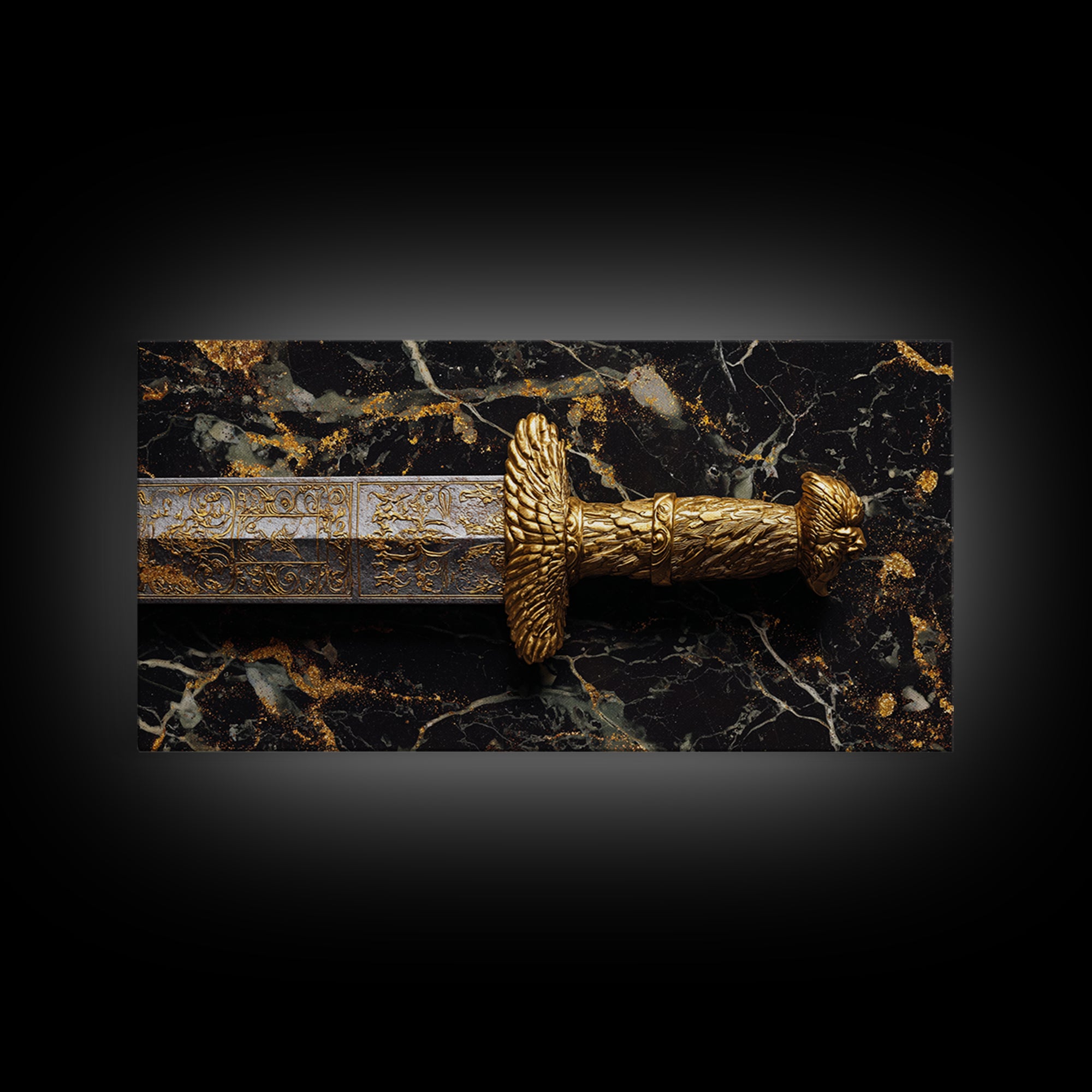 Golden Sword Hilt with Lion Design Gold Canvas Art, Ornate Weapon Photography, Luxurious Warrior Decor, Classical Battle Theme