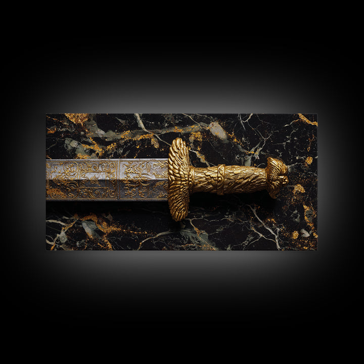 Golden Sword Hilt with Lion Design Gold Canvas Art, Ornate Weapon Photography, Luxurious Warrior Decor, Classical Battle Theme