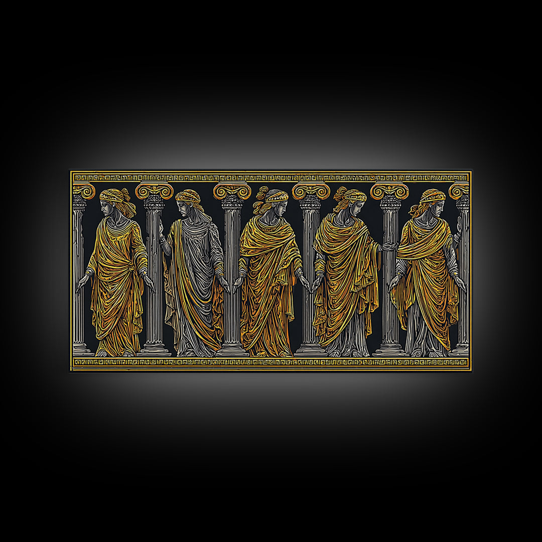 Ancient Greek Caryatid Columns, Detailed Architecture Wall Decor, Gold Canvas Print, Classical Sculpture Artwork