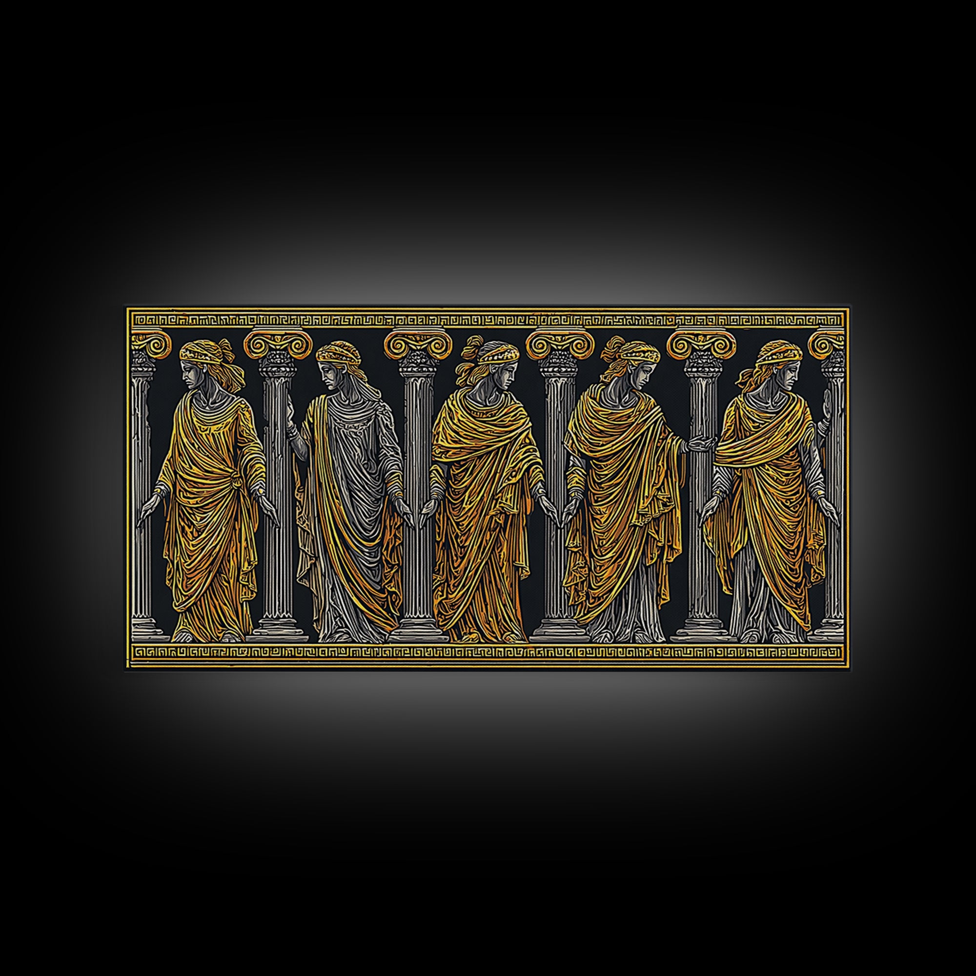 Ancient Greek Caryatid Columns, Detailed Architecture Wall Decor, Gold Canvas Print, Classical Sculpture Artwork