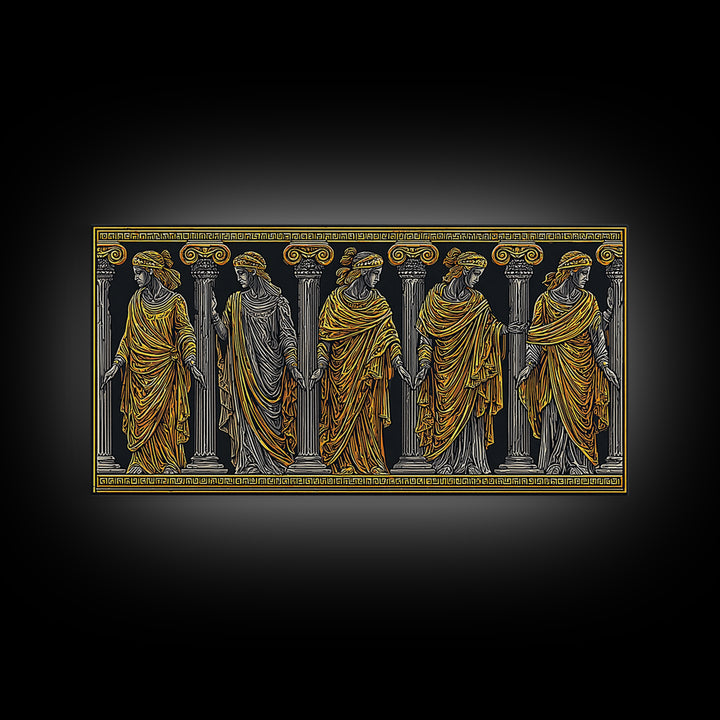 Ancient Greek Caryatid Columns, Detailed Architecture Wall Decor, Gold Canvas Print, Classical Sculpture Artwork