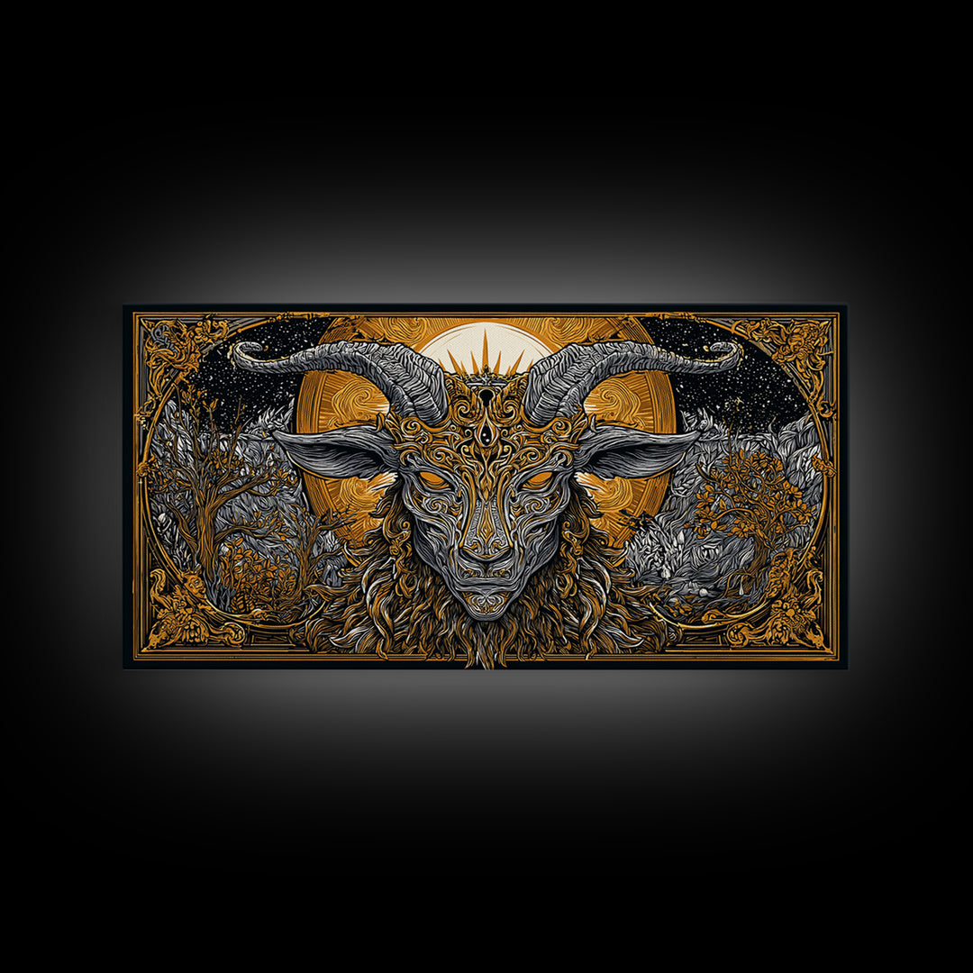 Mythical Goat Head Artwork, Intricate Horned Beast Design, Gold Canvas Art, Fantasy Wall Decor, Dark Gothic Illustration