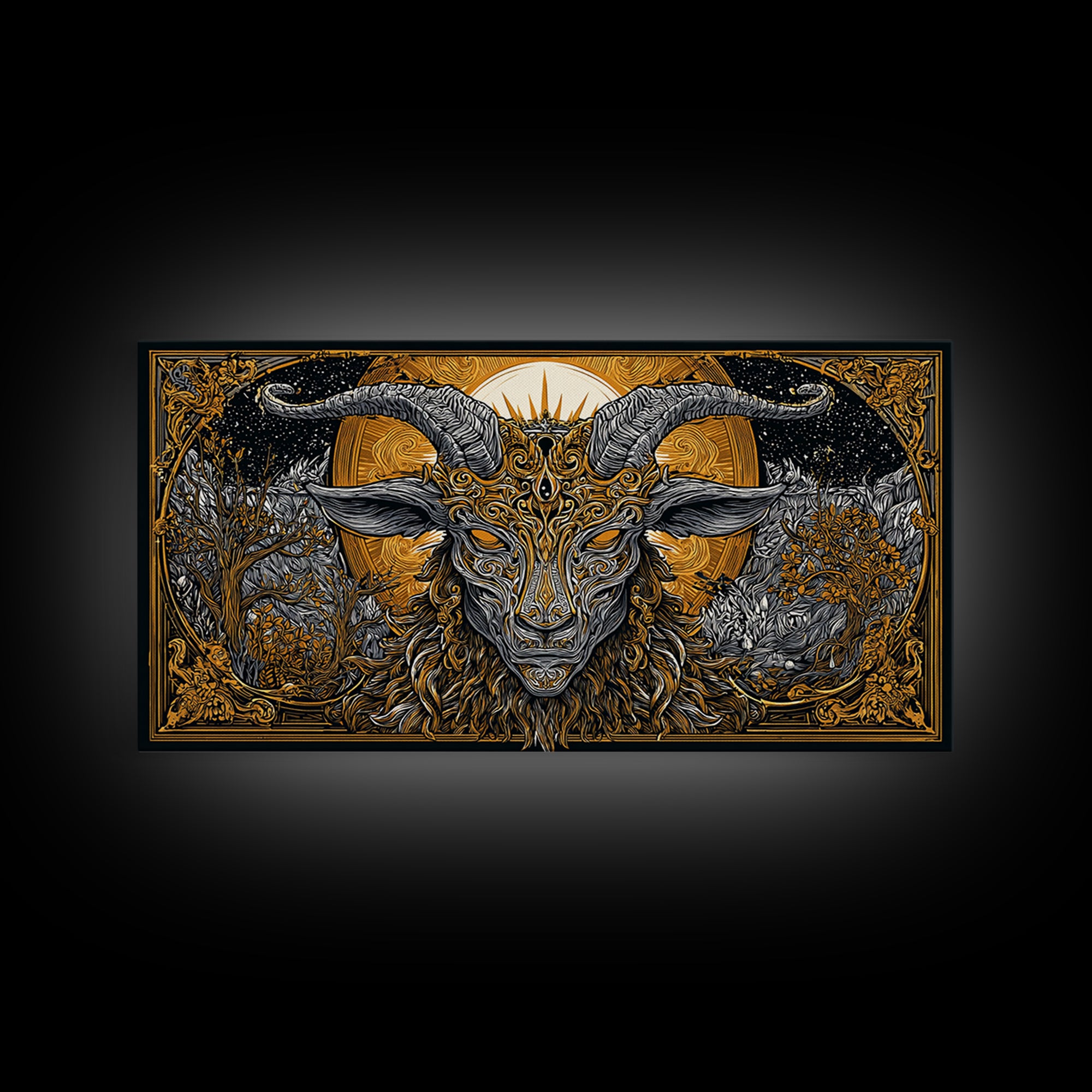 Mythical Goat Head Artwork, Intricate Horned Beast Design, Gold Canvas Art, Fantasy Wall Decor, Dark Gothic Illustration