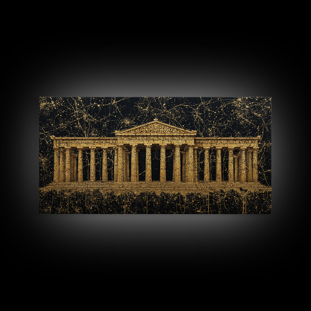 Greek Parthenon Temple Art, Splatter Paint Architecture Print, Gold Canvas Print, Classical Greece Wall Decoration