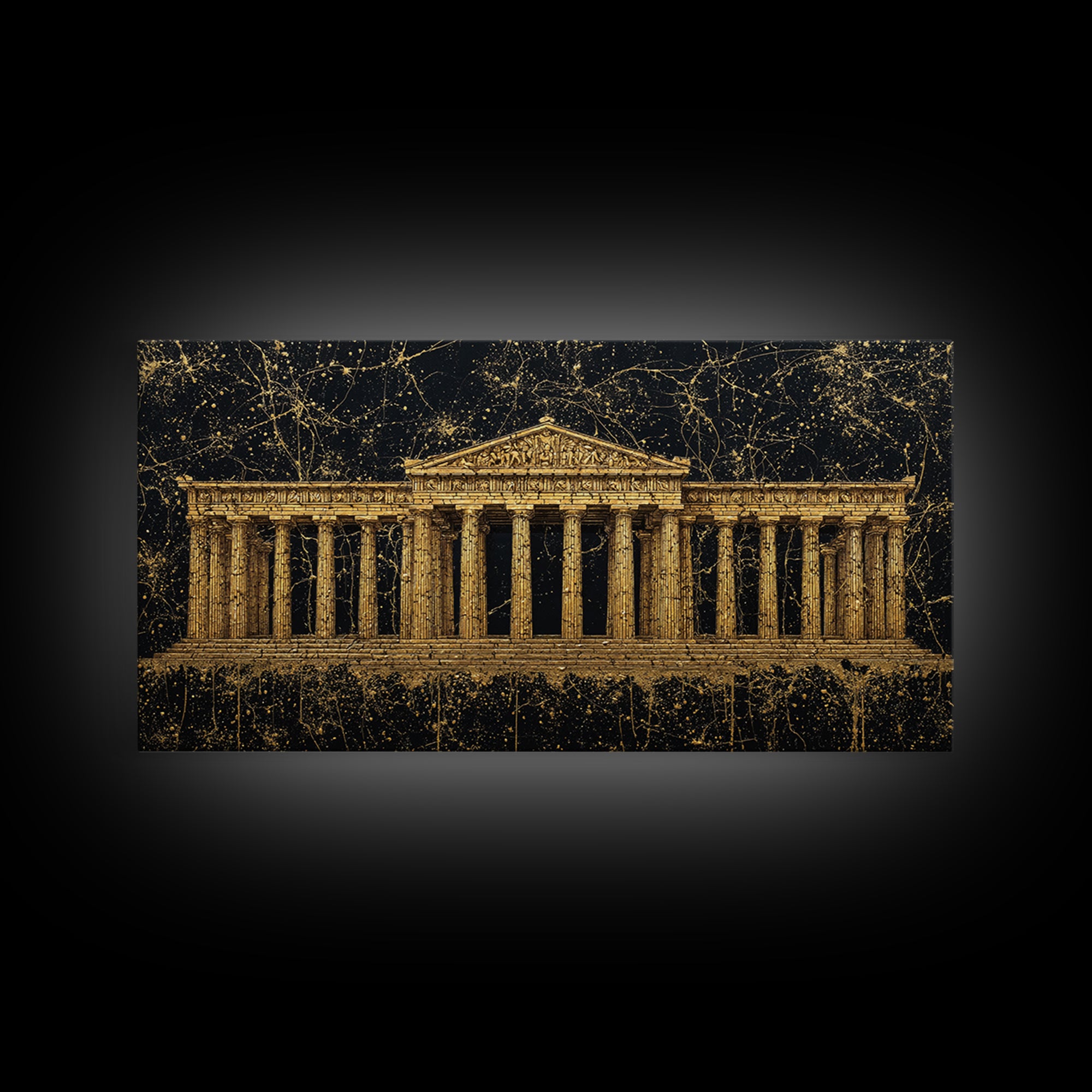 Greek Parthenon Temple Art, Splatter Paint Architecture Print, Gold Canvas Print, Classical Greece Wall Decoration