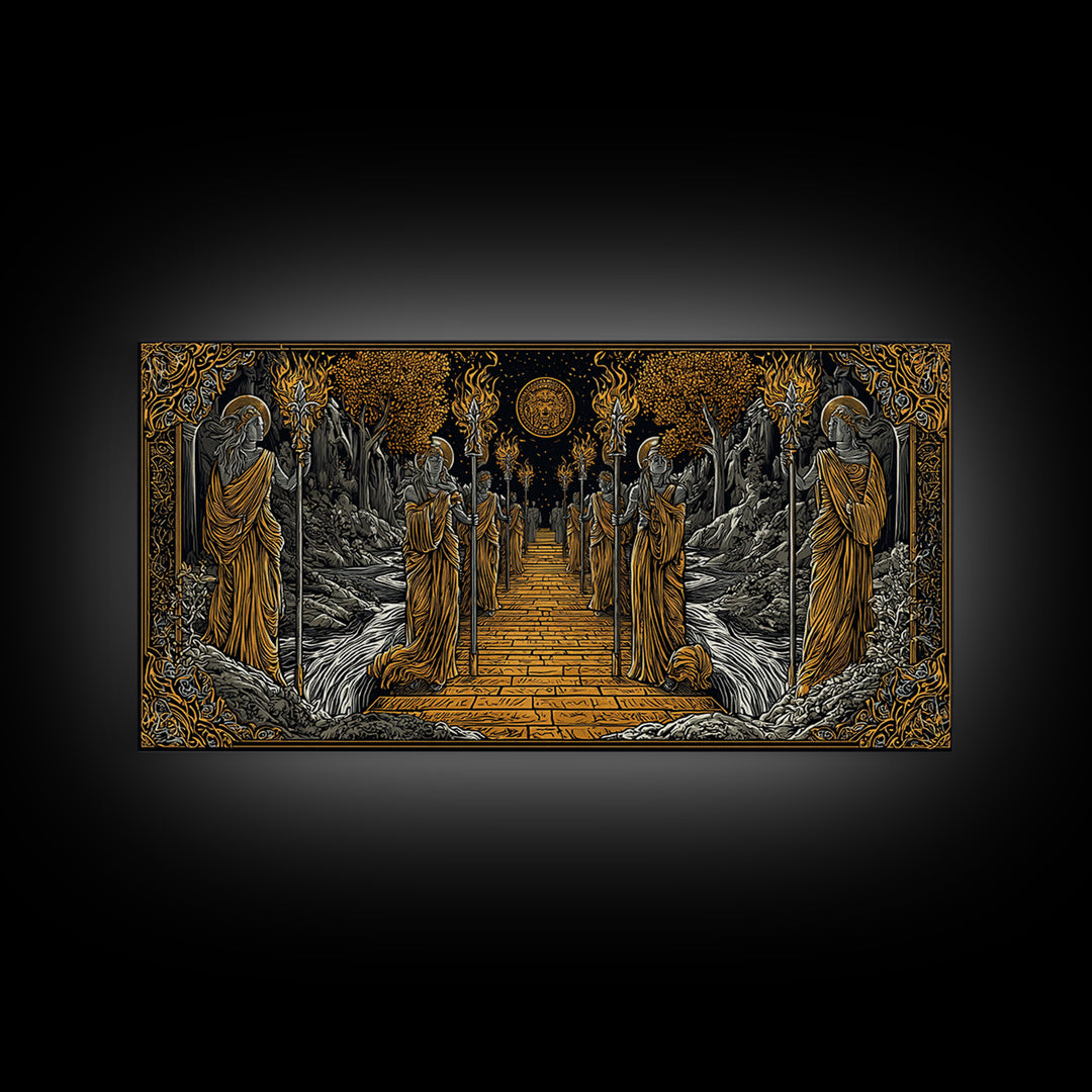 Greek Torchbearer Pathway Scene, Mythic Procession Illustration, Gold Canvas Art, Ancient Greece Wall Decor, Temple Artwork