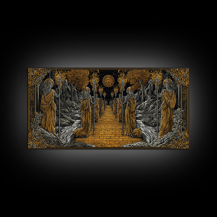 Greek Torchbearer Pathway Scene, Mythic Procession Illustration, Gold Canvas Art, Ancient Greece Wall Decor, Temple Artwork