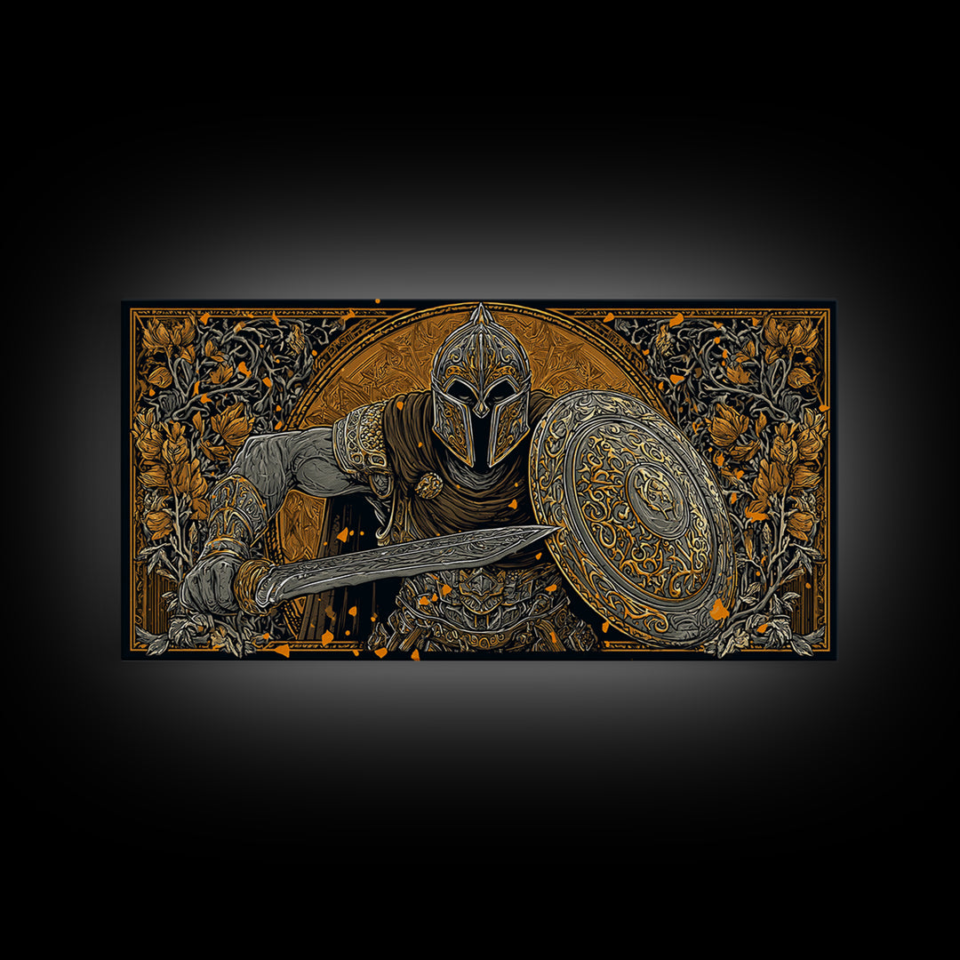 Ancient Greek Warrior With Sword And Shield, Intricate Armor Design, Gold Canvas Print, Classical Battle Wall Art