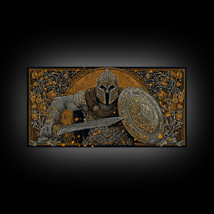Ancient Greek Warrior With Sword And Shield, Intricate Armor Design, Gold Canvas Print, Classical Battle Wall Art