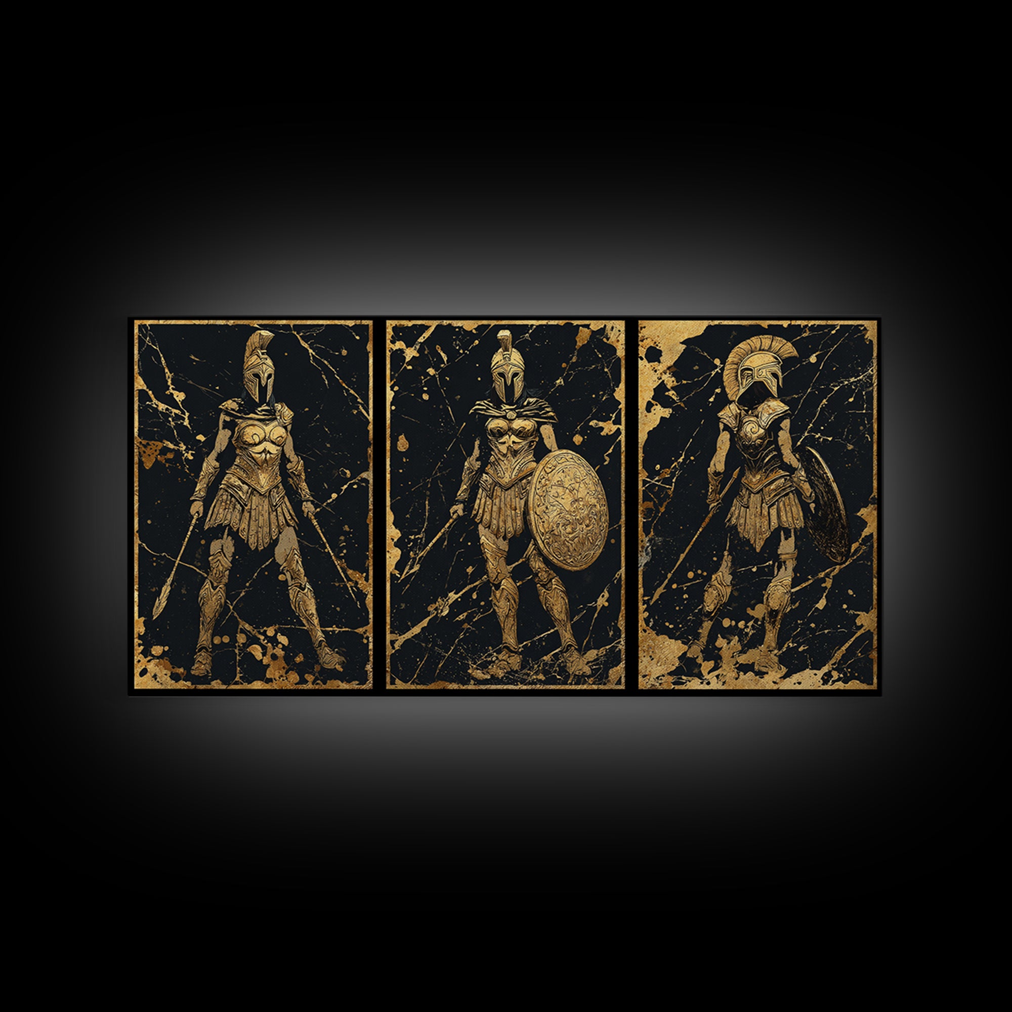 Greek Warrior Triptych Print, Spartan Female Soldiers Artwork, Gold Canvas Art, Ancient Greece Wall Decor, Mythic Battle Scene