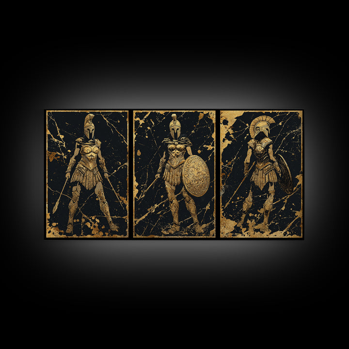 Greek Warrior Triptych Print, Spartan Female Soldiers Artwork, Gold Canvas Art, Ancient Greece Wall Decor, Mythic Battle Scene