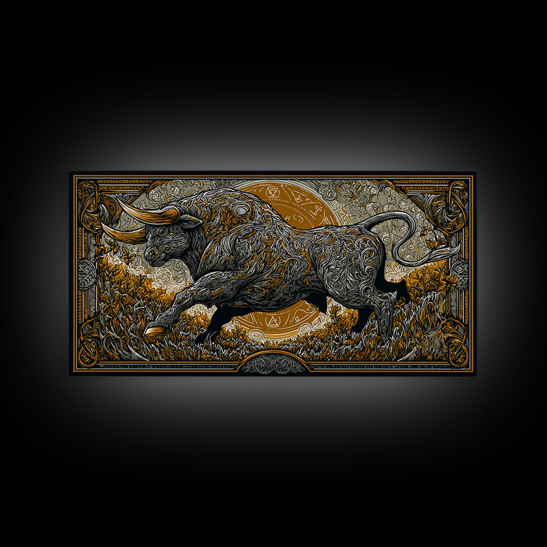 Golden Bull In Ornate Frame, Gold Canvas Art, Real Wood Frame, Symbolic Animal Wall Decor, Strength And Power