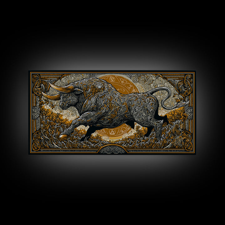 Golden Bull In Ornate Frame, Gold Canvas Art, Real Wood Frame, Symbolic Animal Wall Decor, Strength And Power