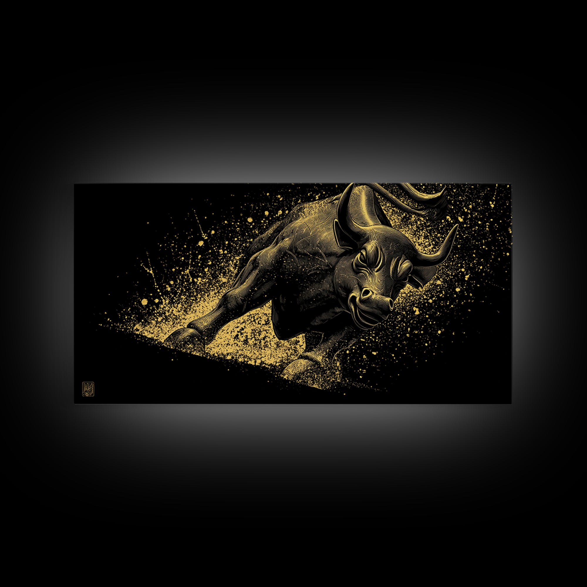 Charging Golden Bull, Gold Canvas Print, Real Wood Frame, Dynamic Animal Wall Art, Powerful Bull Illustration