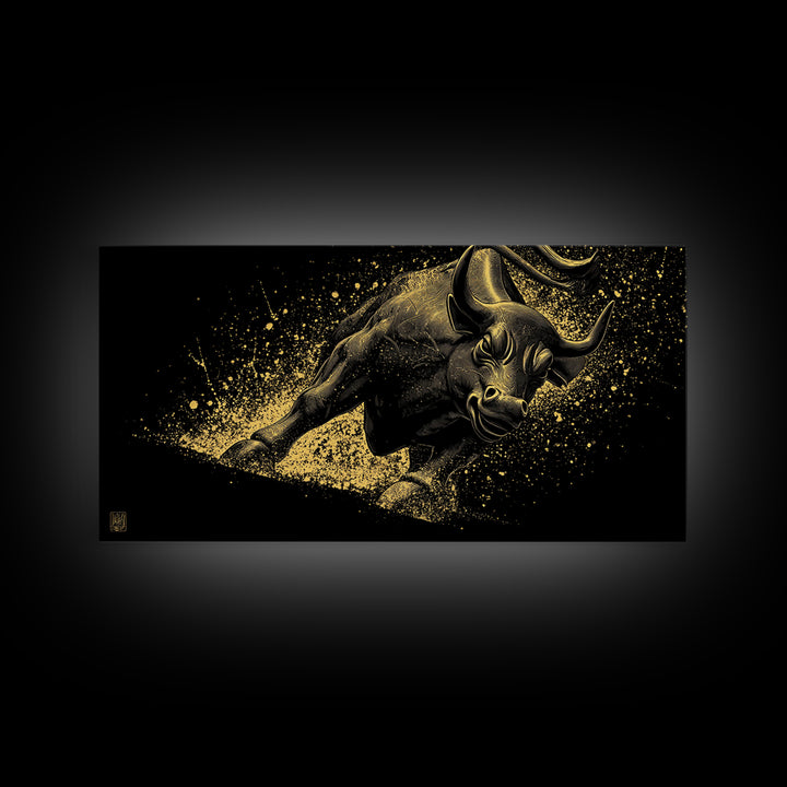 Charging Golden Bull, Gold Canvas Print, Real Wood Frame, Dynamic Animal Wall Art, Powerful Bull Illustration